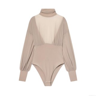 Sexy Backless Mesh Patchwork Bodysuit Women Half High Neck Long Sleeve Draped Back Slim Fit Leotard Jumpsuit Top Streetwear Party Clubwear