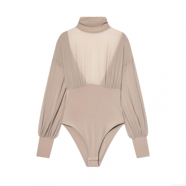 Sexy Backless Mesh Patchwork Bodysuit Women Half High Neck Long Sleeve Draped Back Slim Fit Leotard Jumpsuit Top Streetwear Party Clubwear