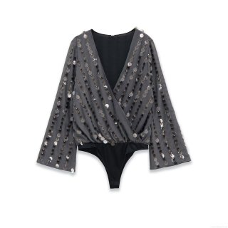 Sexy V Neck Sequin Bodysuit Women Long Bell Sleeve 100% Polyester Patchwork Jumpsuit For Party Club Street Style Night Out Gray