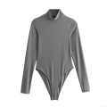 Women's Mock Neck Long Sleeve Bodysuit Streetwear Slim Fit Stretchy Polyester Solid Color Jumpsuit Top For Women Daily Casual Wear