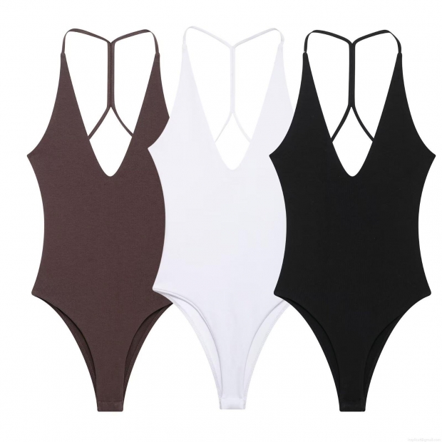 Women Sexy Ribbed Bodysuit Deep V-Neck Backless Sleeveless Slim Fit Summer Bodysuit For Women Daily Beach Wear One-Piece Top