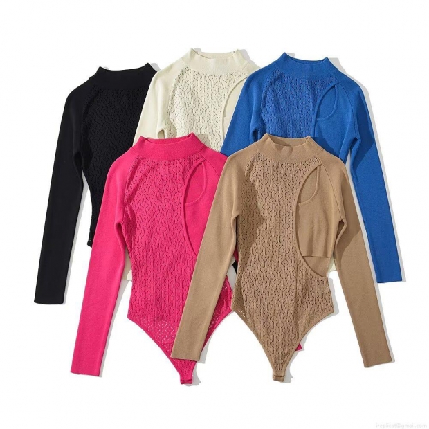 Women Sexy Hollow Out Knit Bodysuit Long Sleeve Rayon Nylon Bodycon Jumpsuit Streetwear Chic One-Piece Top Nightclub Party Wear