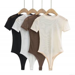 Women's Sexy See-Through Polyester Mesh Bodysuit Round Neck Short Sleeve Solid Color Slim Fit Jumpsuit Leotard Top For Streetwear Daily Wear