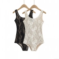 Sexy Women's Polyester Lace Bodysuit Backless Sleeveless Floral U-Neck Summer Streetwear Body Top With Bottom Snap Closure