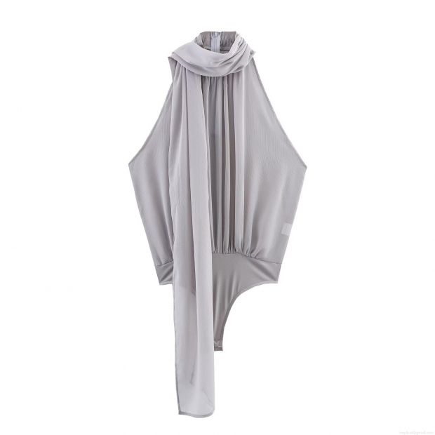 Women's Halter Neck Chiffon Bodysuit Sleeveless Pleated Jumpsuit With Scarf Streamer Elegant Backless Bodysuit For Party Summer Streetwear Grey