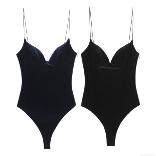 Women Sexy Velvet Backless Bodysuit Spaghetti Strap V-Neck Bodycon Jumpsuit Slim Fit Polyester Top For Party Clubwear Streetwear Solid Color Leotard