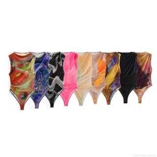 Women Vintage Sleeveless Mesh Bodysuit Abstract Floral Marble Print Ruched Slim Fit One Piece Top For Party Clubwear Streetwear Sexy Body Suits