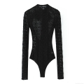 Women's Sexy Lace Bodysuit Long Sleeve High Neck Mesh Jumpsuit With Back Satin Bow Elegant Party Clubwear Bodycon Leotard Top