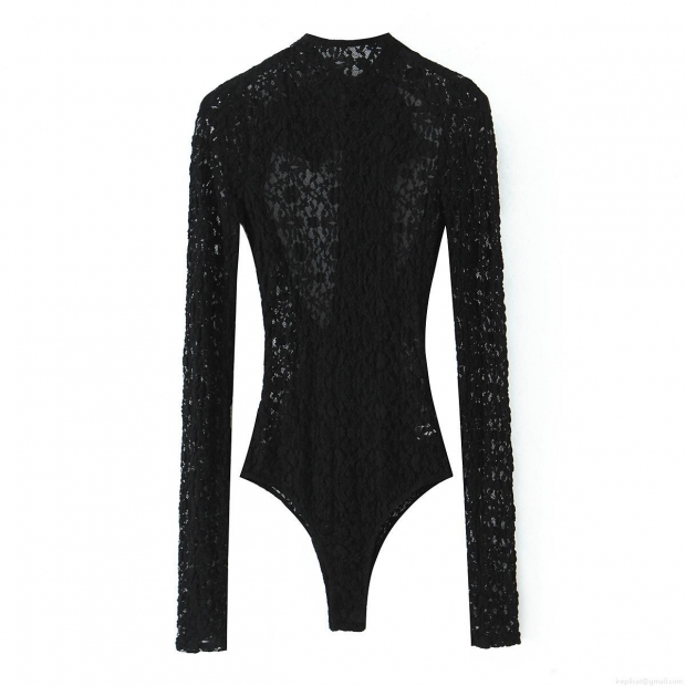 Women's Sexy Lace Bodysuit Long Sleeve High Neck Mesh Jumpsuit With Back Satin Bow Elegant Party Clubwear Bodycon Leotard Top