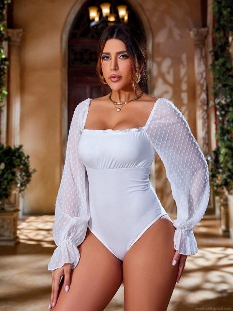 Women's Square Neck Long Sleeve Bodysuit Swiss Dot Mesh Patchwork Back Lace-up Slim Fit White Jumpsuit Top For Party