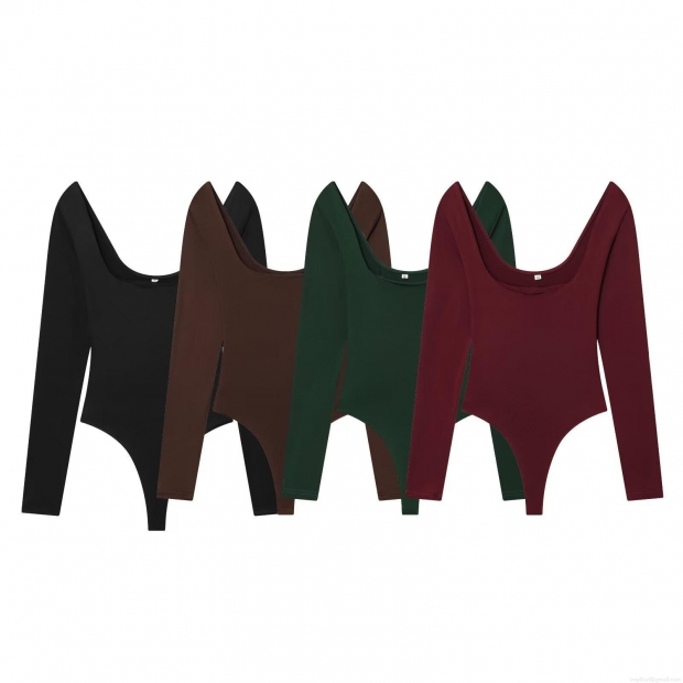 Women's Long Sleeve Square Neck Bodysuit Slim Fit Solid Color Polyester Jumpsuit For Daily Casual Wear High Elasticity Elegant Shaping Base Layer Clothing