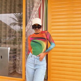 Women's Sexy Abstract Art Print Long Sleeve Mesh Bodysuit Elegant Slim Fit Round Neck See-Through Jumpsuit Top For Summer Party Vacation