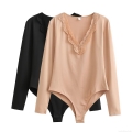 Women's Elegant V Neck Lace Trim Long Sleeve Bodysuit Polyester Elastane Slim Fit Jumpsuit Top For Daily Party Casual Wear Ladies Clothing