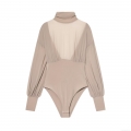 Women's Elegant High Neck Mesh Patchwork Bodysuit Khaki Long Sleeve Backless Pleated Slim Fit Top Fashion Bodycon Party Jumpsuit Leotard