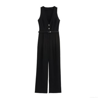 Women's Elegant Sleeveless V Neck Jumpsuit With Belt Fashion Office Commuter Solid Color Wide Leg Long Pants Romper Overalls For Ladies