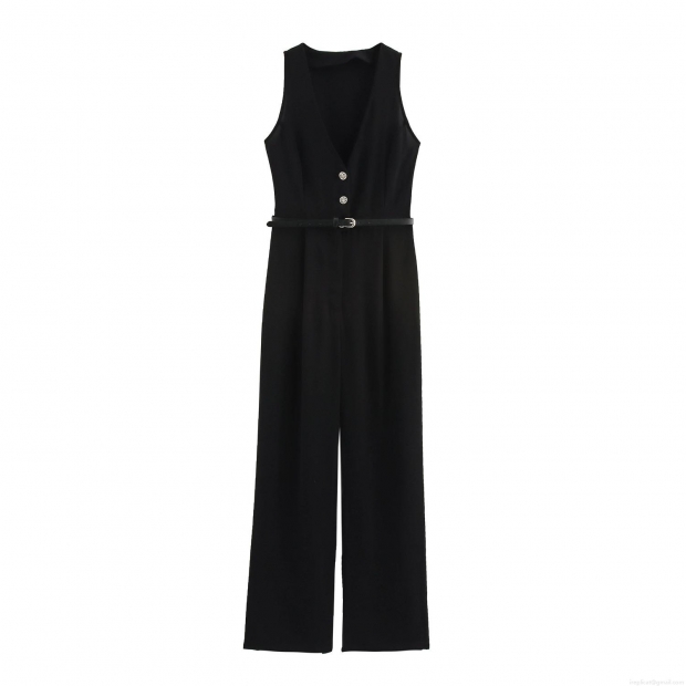 Women's Elegant Sleeveless V Neck Jumpsuit With Belt Fashion Office Commuter Solid Color Wide Leg Long Pants Romper Overalls For Ladies