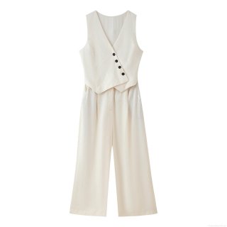 Women's Elegant Sleeveless V-Neck Jumpsuit Polyester Linen Texture Asymmetric Button Decor Wide Leg Long Pants Office Commute One Piece Playsuit