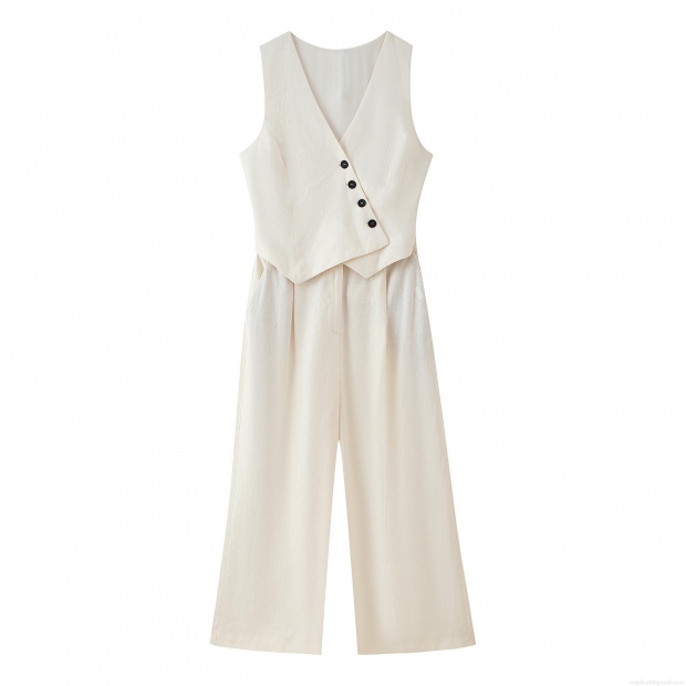 Women's Elegant Sleeveless V-Neck Jumpsuit Polyester Linen Texture Asymmetric Button Decor Wide Leg Long Pants Office Commute One Piece Playsuit
