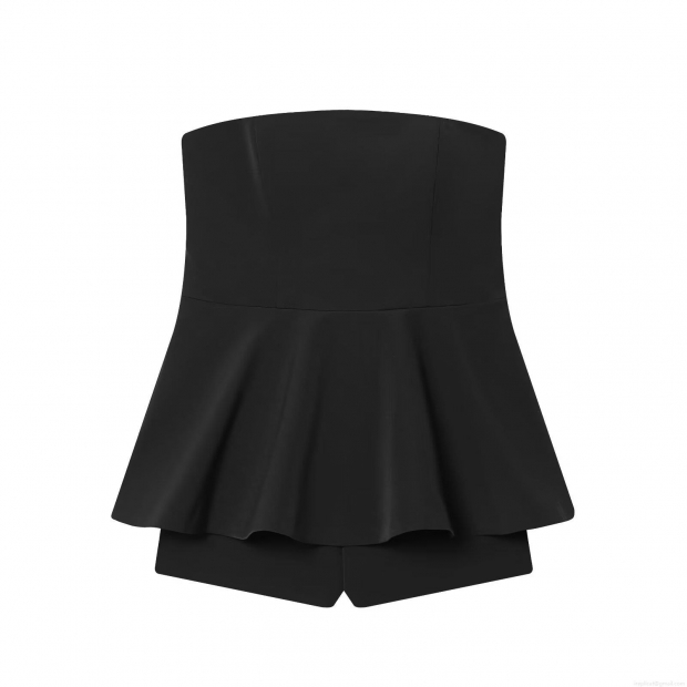 Women's Sexy Strapless Tube Top Romper With Peplum Waist Solid Black Backless Polyester Jumpsuit Summer Club Party Short Jumpsuits For Ladies