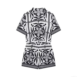 Women's Geometric Floral Print Romper Jumpsuit Lapel Short Sleeve Button Down Elastic Waist Polyester Woven Summer Casual Vacation Outfits Play Suit