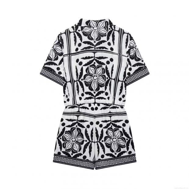 Women's Geometric Floral Print Romper Jumpsuit Lapel Short Sleeve Button Down Elastic Waist Polyester Woven Summer Casual Vacation Outfits Play Suit