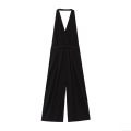 Women's Sexy Halter Neck Deep V Backless Jumpsuit With Back Bow Tie High Waist Wide Leg Long Pants Polyester Cotton Blend Elegant Streetwear One Piece Outfit