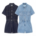 Women's Denim Romper Short Sleeve Single-Breasted Lapel Jumpsuit With Pockets Casual Streetwear One-Piece Play Suit For Women