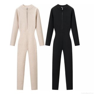 Women's Sexy Ribbed Knit Jumpsuit Slim Fit Half Zipper Stand Collar Long Sleeve Solid Color One Piece Bodycon Romper For Daily Party