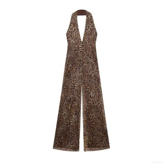 Women Sexy Leopard Print Mesh Halter Jumpsuit Deep V Neck Sleeveless Backless Wide Leg Long Pants Romper Summer Beach Resort Outfits