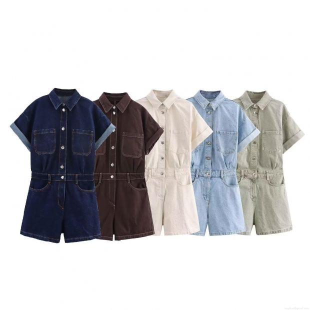 Women's Summer Short Sleeve Denim Romper Washed Cotton Turn-down Collar Button Up Cargo Jumpsuit With Pockets Casual Utility Playsuit Fashion One Piece Outfit