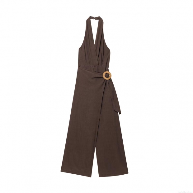 Women Summer Halter Neck Backless Jumpsuit Fashion Casual Wide Leg Long Pants With Round Woven Buckle Polyester Mixed Linen Texture Jumpsuit