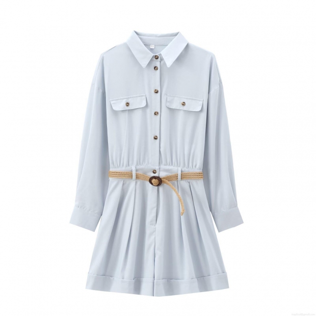 Women's Long Sleeve Jumpsuit Cotton Linen Blend With Braided Belt Button Down Collared High Waist Pleated Shorts Romper Chic Office Casual Summer Elegant Outfits