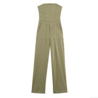 Women's Sexy Strapless Tube Top Wide Leg Jumpsuit With Large Pockets Polyester Spandex Twill Long Straight Pants For Autumn Fashion Party Clubwear