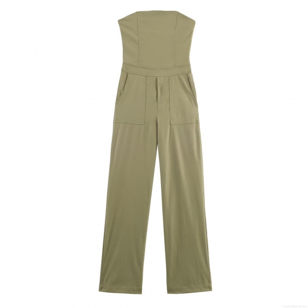 Women's Sexy Strapless Tube Top Wide Leg Jumpsuit With Large Pockets Polyester Spandex Twill Long Straight Pants For Autumn Fashion Party Clubwear
