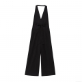 Women's Halter V Neck Jumpsuit Cotton Linen Sleeveless Wide Leg Pants Romper With Bow Tie Waist Elegant One Piece Long Playsuit For Party Summer Evening Clubwear
