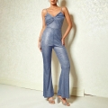 Women's Sexy Sequin Jumpsuit Camisole V-Neck Twist Front Backless Wide Leg Pants Elegant Party Evening Romper Misty Blue Polyester Spandex
