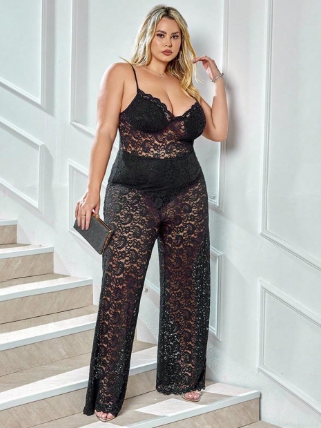 Women Plus Size Lace Hollow Out Jumpsuit Sexy Deep V Sleeveless Straight Leg Romper Party Clubwear Casual Black Long Jumpsuits