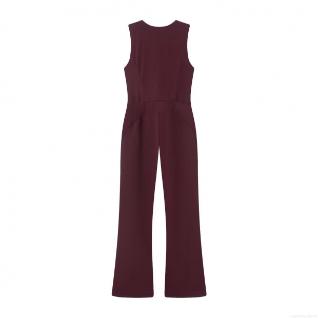 Women's Sleeveless V-Neck Slim Fit Jumpsuit Spandex Elegant Solid Burgundy Front Zipper Wide Leg One Piece Ski Style Fashion Clubwear Romper