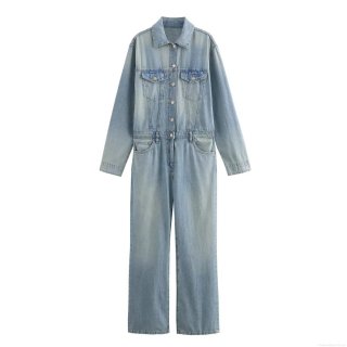 Women's Long Sleeve Denim Jumpsuit Washed Cotton Blend Straight Leg Romper One Piece Casual Streetwear Overalls With Pockets Light Blue