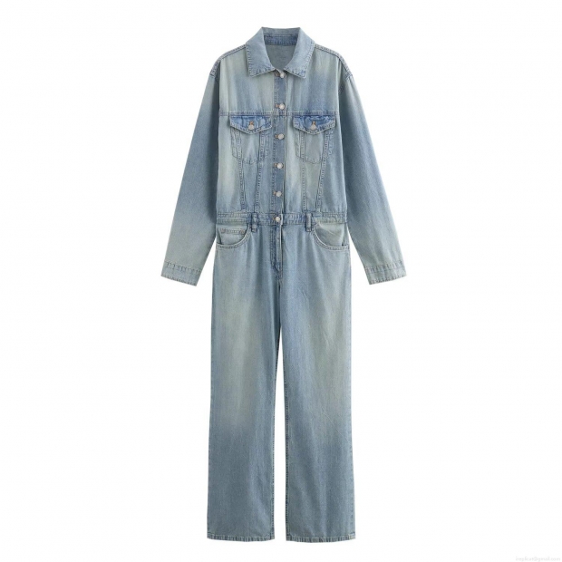 Women's Long Sleeve Denim Jumpsuit Washed Cotton Blend Straight Leg Romper One Piece Casual Streetwear Overalls With Pockets Light Blue