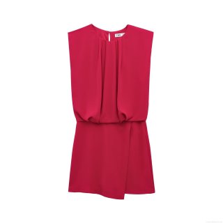 Women's Elegant Sleeveless Round Neck Pleated Waist Jumpsuit Summer Solid Color Polyester Chiffon Texture Short Romper Casual Streetwear Playsuit for Lady