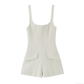 Women's Sexy Backless Sleeveless Cotton Blend Denim Jumpsuit Square Neck Short Romper With Flap Pockets Slim Fit Summer Jumpsuits For Women Party Clubwear Streetwear