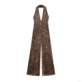 Sexy Women Leopard Print Halter Jumpsuit Sleeveless Mesh Polyester Cotton Blend V Neck Wide Leg Straight Long Romper Party Clubwear