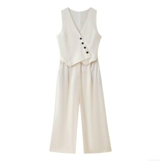 Women's Sleeveless V-Neck Wide Leg Jumpsuit Cotton Polyester Linen Blend Asymmetrical Button Front High Waist One-Piece Romper For Office Summer Wear