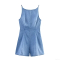 Women's Sleeveless Backless Denim Romper Sexy Tie-Back Hollow Out Jumpsuit Summer Casual Square Neck Denim Blue Playsuit For Vacation Party