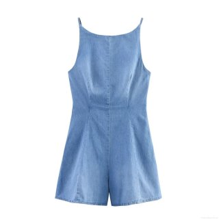 Women's Sleeveless Backless Denim Romper Sexy Tie-Back Hollow Out Jumpsuit Summer Casual Square Neck Denim Blue Playsuit For Vacation Party