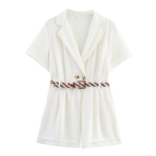 Women's Short Sleeve Blazer Collar Jumpsuit With Woven Belt Double Breasted Short Romper Casual Solid White Elegant Jumpsuit For Women