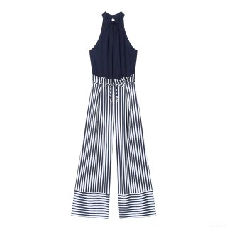 Women's Summer Halter Neck Sleeveless Jumpsuit Cotton Linen Blend Striped Wide Leg Long Pants Romper With Waist Tie Metal Beads Decoration For Vacation Party