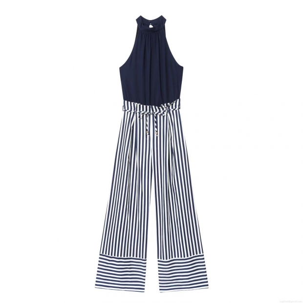 Women's Summer Halter Neck Sleeveless Jumpsuit Cotton Linen Blend Striped Wide Leg Long Pants Romper With Waist Tie Metal Beads Decoration For Vacation Party