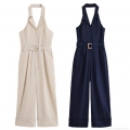 Women's Elegant Halter Neck Jumpsuit with Metal Buckle Belt Lapel Collar Sleeveless High Waist Wide Leg Long Pants Modern Office Business Chic One-Piece Outfit